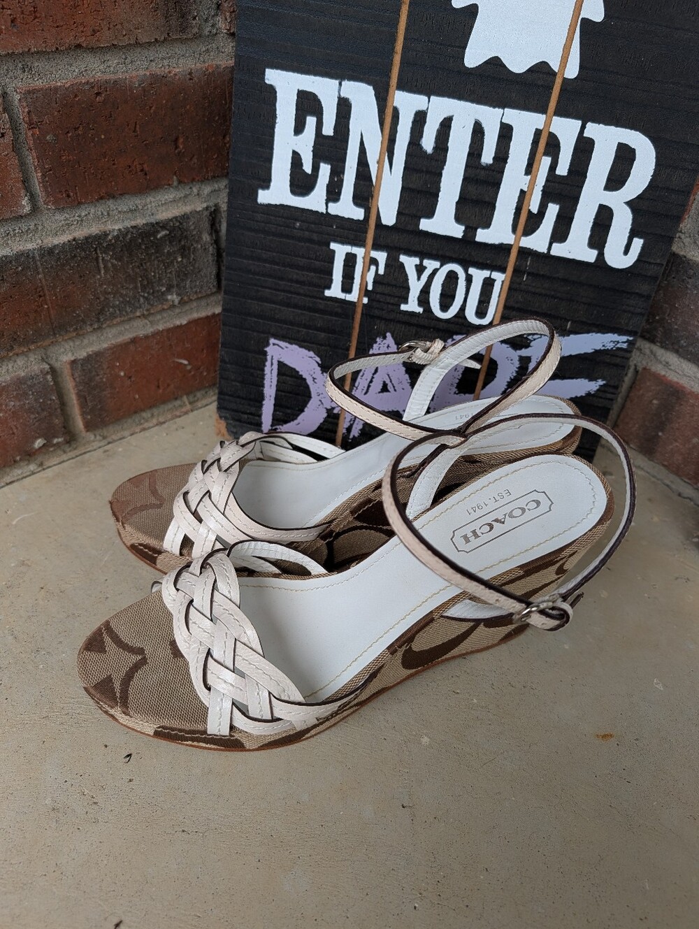 🍁 Vintage Y2K Coach Rose Genuine Leather Signature Canvas Braided Wedge Sandals - Picture 3 of 15